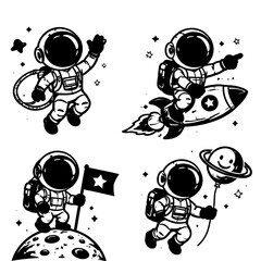 Black and white silhouette of an astronaut floating in space, minimalist and modern illustration style, symbolizing exploration, curiosity, and the future against a clean white background.