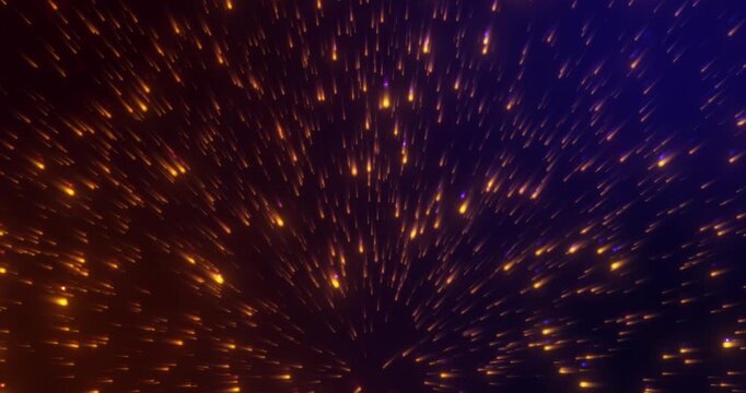 Golden streaks of light pierce the deep blue cosmos, creating a dynamic abstract effect of a meteor shower with movement, depth, and cinematic energy. Golden particles swirl around.