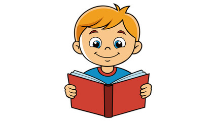 A boy reads a book on a white background
