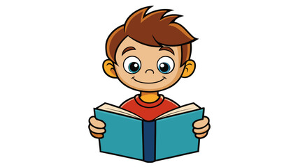 A boy reads a book on a white background