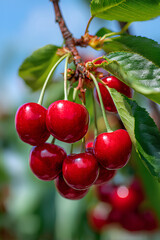 Tree with ripe glossy red sweet cherries in dense clusters among vibrant sunlit green leaves under soft blue summer sky in natural orchard setting  
