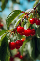Tree with ripe glossy red sweet cherries in dense clusters among vibrant sunlit green leaves under soft blue summer sky in natural orchard setting  
