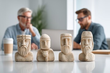 Neolithic Stone Figurines Aligned on Table During Modern Startup Pitch Meeting, Ancient Human Sculptures Juxtaposed With Contemporary Business Workspace, Strategy and Leadership
