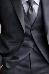 Detail of a professional three-piece charcoal grey suit, waistcoat, white shirt, and matching tie, symbolizing elegance and business formality.
