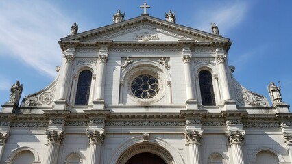 White stone church facade with narrow arched windows and decorative columns