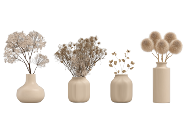 Assorted Dried Floral Bouquets in Beige Vases Keywords: dried flowers, dried plants, vase isolated on a transparent background