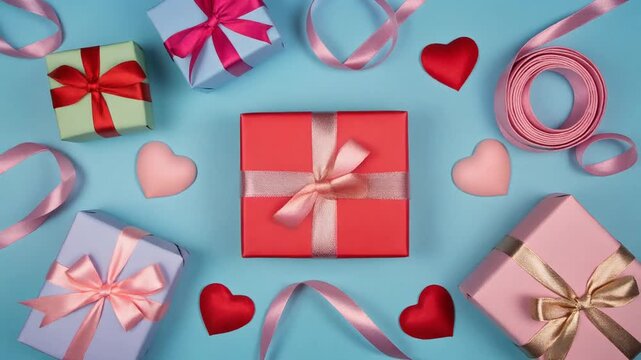 Top view flat lay Valentine composition with colorful gift boxes, ribbons, and heart decorations on a blue background. Ideal for shopping promotions, romantic holidays, gift guides, and love-themed