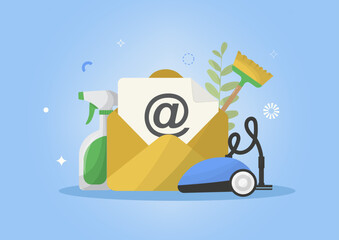 Email Inbox Cleaning Tools. Digital email inbox cleanup and organization. Digital cleanup day concept. Clean and delete your emails. Corporate sustainability. Flat style. Vector illustration