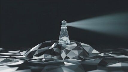 Low-poly lighthouse on geometric island casting a digital beam, symbolizing digital transformation and guidance in tech-driven change.