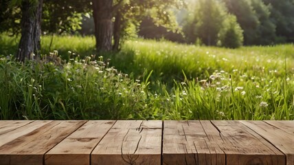 Wooden table product display in a garden with grass, foliage, and bright sunlight, showcasing rustic outdoor charm, natural freshness, and vibrant summer landscape mockup