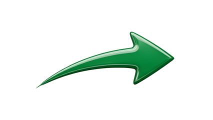 Glossy Green Curved Arrow Pointing Right isolated PNG with Transparent Background