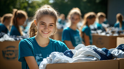Smiling volunteer sorting clothes in a community service event outdoors, with others engaged in similar tasks