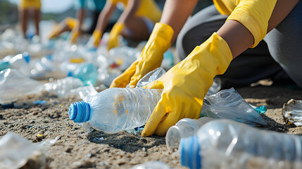 Volunteers in yellow gloves collecting plastic bottles from a beach, promoting environmental awareness and cleanup