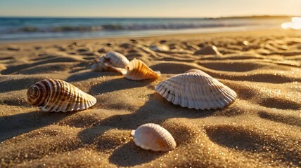 Golden Hour Sunlight Bathing a Sandy Beach with Calm Ocean Waves and Scattered Seashells Creating a Serene Summer Seascape of Coastal Tranquility