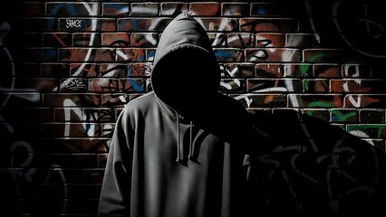 Mysterious Figure in Hoodie Standing Against Urban Graffiti Wall