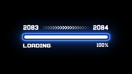 Blue neon glowing loading bar interface showing transition from year 2083 to 2084 for futuristic concepts