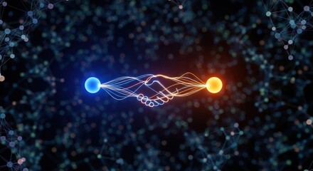 A handshake with two glowing spheres at the ends, set against a dark, abstract background with network-like connections.