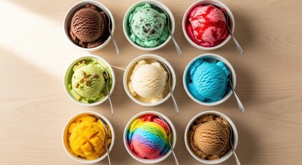 A variety of colorful ice cream flavors in white bowls with spoons.