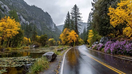 Wet, winding road through autumnal forest, reflecting colorful foliage & mountains on overcast day