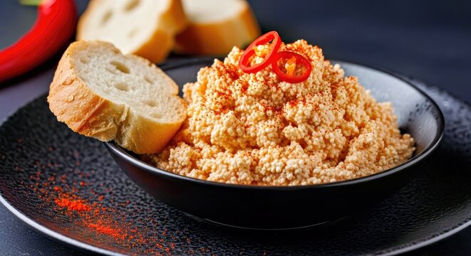 Artful Urnebes Salad Spicy Serbian Cheese Spread with Bold Color and Rich Texture