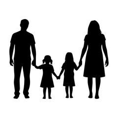 Happy family silhouette holding hands on white background