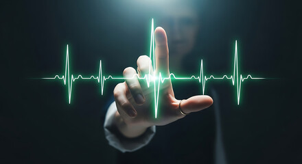 Digital heartbeat vitality woman fingertip connecting virtual lifeline
