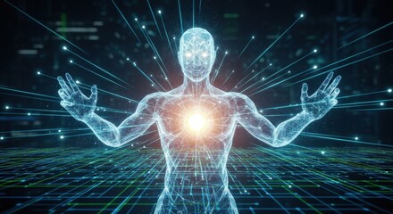 A digital human figure with glowing, interconnected lines forming a body and a glowing, circular core in a digital, high-tech environment.