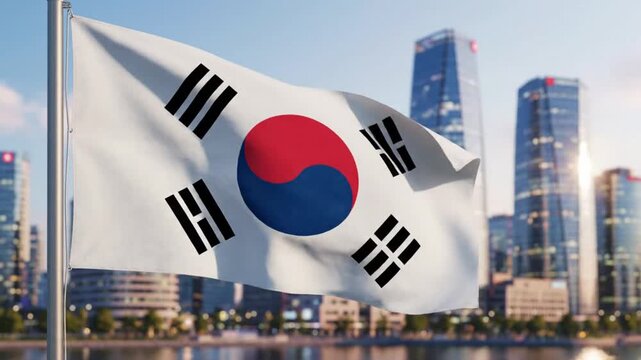 South Korean flag waving against modern city skyline