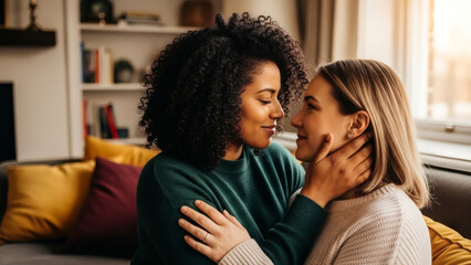 Obraz premium Diverse beautiful and elegant lesbian couple expressing love and connection, Valentine's Day