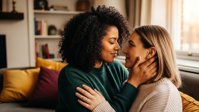 Diverse beautiful and elegant lesbian couple expressing love and connection, Valentine's Day