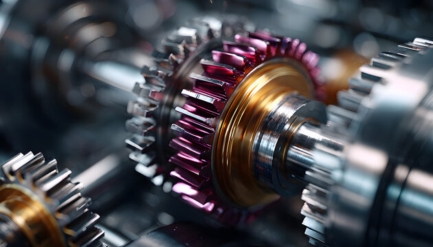 Complex machine parts are seen with rotating shafts and gears. Industrial equipment utilizes fluid power for motion and precise control in manufacturing settings.