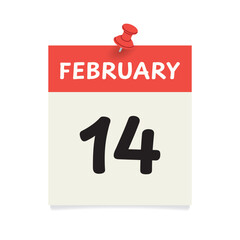 Valentine's Day, February 14, calendar page pinned with a push pin- vector illustration