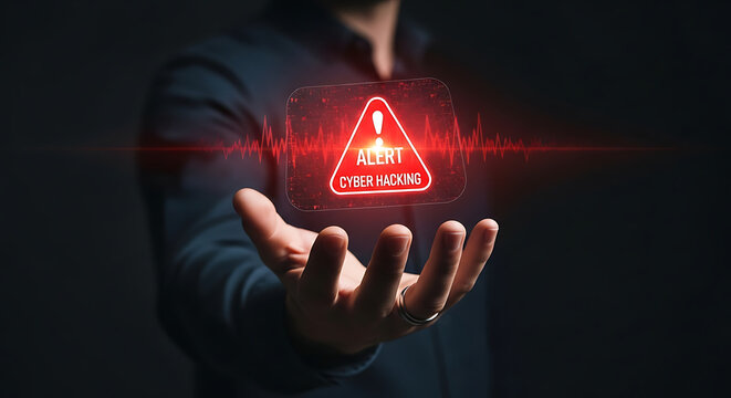 Cyber Security Alert Holding Digital Warning Sign of Cyber Hacking Attack - Powered by Adobe