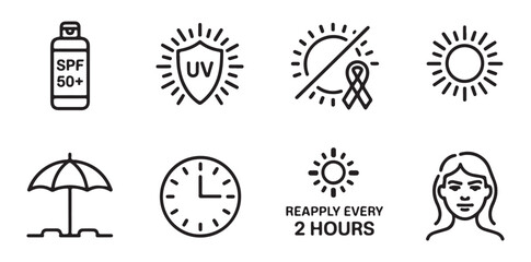Sun protection icons set featuring sunscreen lotion umbrella clock and skin care symbols
