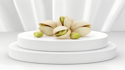 Shelled Pistachio Nuts Piled on White Podium Isolated on Clean Background.