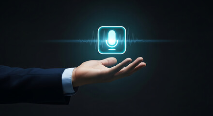 Voice Command Activation Hand Presenting Glowing Microphone Icon Technology