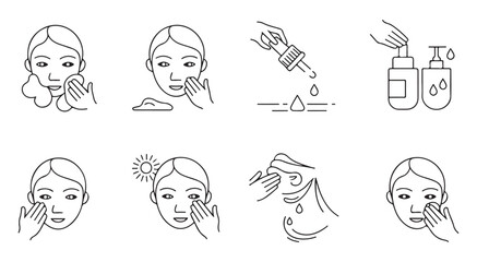 Step by step skincare application instructions showing serum use face washing and sun protection art