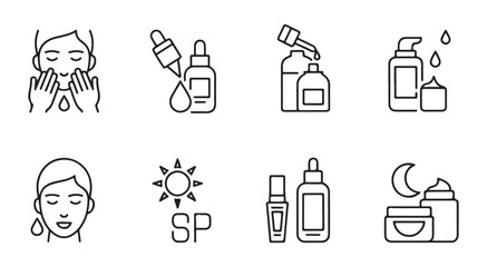 Beauty face skin care routine icons set for cosmetology and dermatology vector illustration