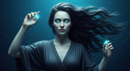 A woman with flowing hair and glowing blue eyes, holding a glowing orb in each hand, against a dark, ethereal background.