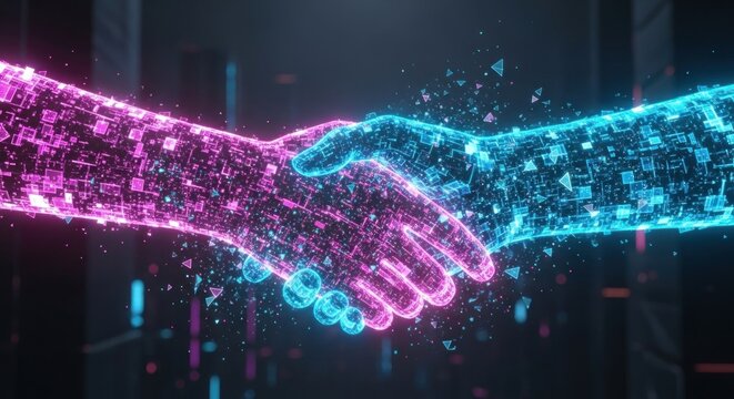 Two digital hands shaking in a digital environment. - Powered by Adobe