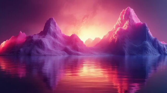 Voxel mountains displaying digital light reflecting on still water, creating an ethereal abstract landscape with a vibrant purple and pink color scheme at sunset, evoking serenity and digital art