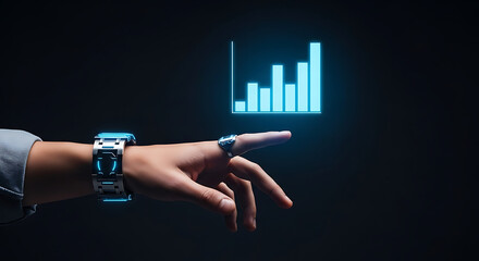 Future finance Hand interacts glowing bar graph High tech stock trends