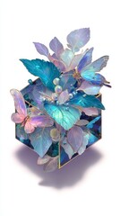 Fototapeta premium A blue box with a butterfly on it. The butterfly is surrounded by flowers and leaves. The box is made of glass and has a shiny, metallic finish. Scene is one of beauty and elegance, with the butterfly