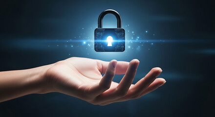 Empowering Security Hand Offering Digital Padlock Protection in Blue Light