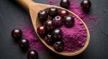 A wooden spoon with black currants and a spoonful of black currant powder on a dark background.