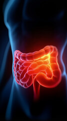 3D X-Ray Illustration of Human Intestines Glowing Red with Pain or Inflammation created with Generative AI Technology, ai, generative