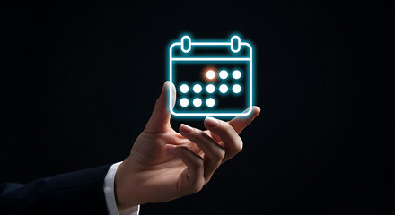 Hand Holding Neon Calendar Icon on Black Background Appointments Date Schedule