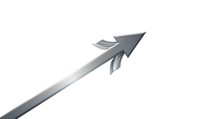 3D metallic arrow pointing up diagonally isolated on a white background, symbolizing growth and direction