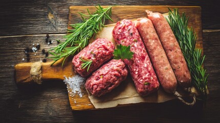 Variety of meat, including sausage, is displayed on a wooden cutting board. The meat is surrounded by herbs and spices, giving it a rustic and appetizing appearance