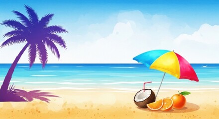 A vibrant beach scene with a colorful umbrella, palm tree, and tropical fruits on the sand.